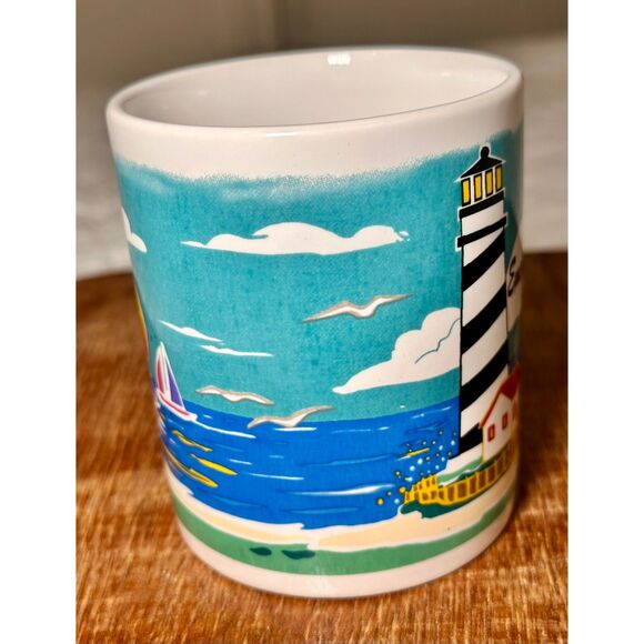 Vtg. Retro 1990s ERCO Emerald Isle, NC Coffee Mug Lighthouse Boat Beach Coastal - Picture 4 of 7